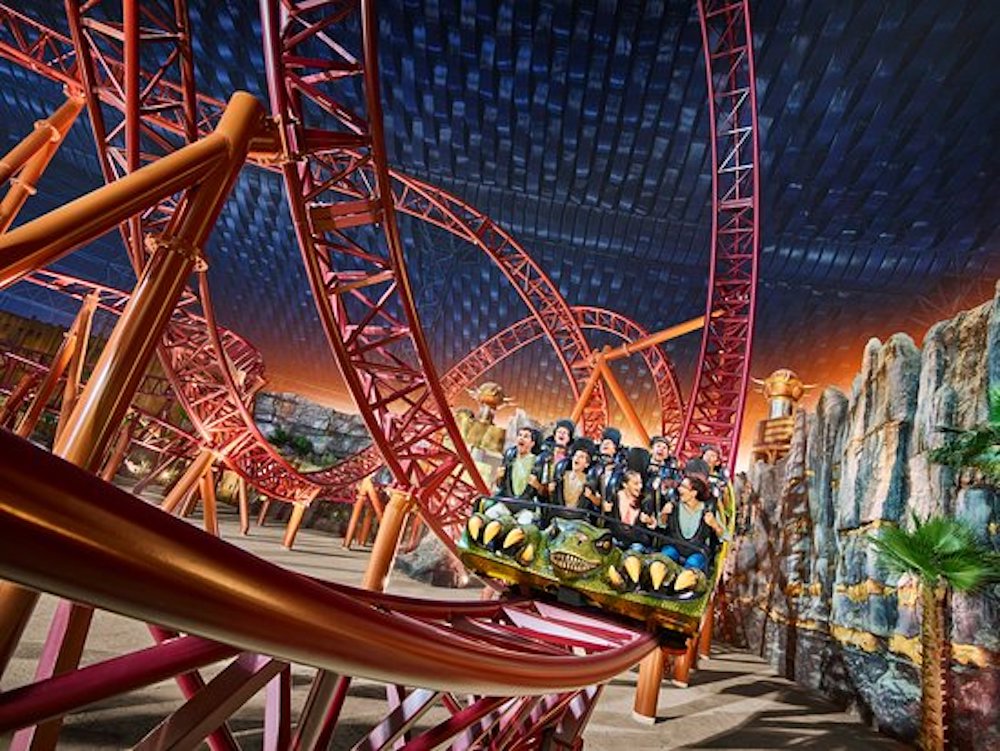 Kids having a blast on a thrilling ride at IMG Worlds of Adventure, Dubai.
