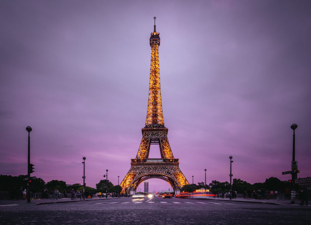 Eiffel Tower illuminated at night in Paris, France