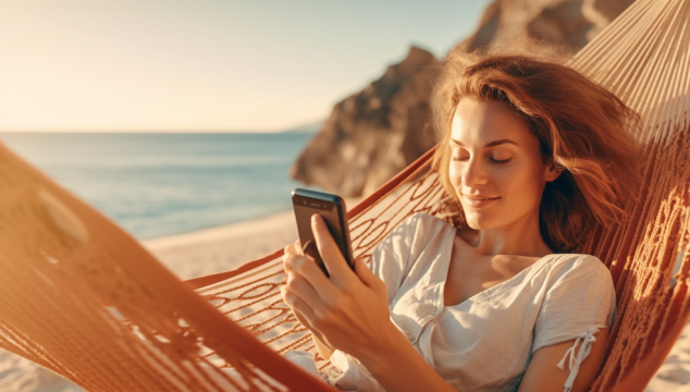 Lady using mobile phone on beach. Jollylog.com